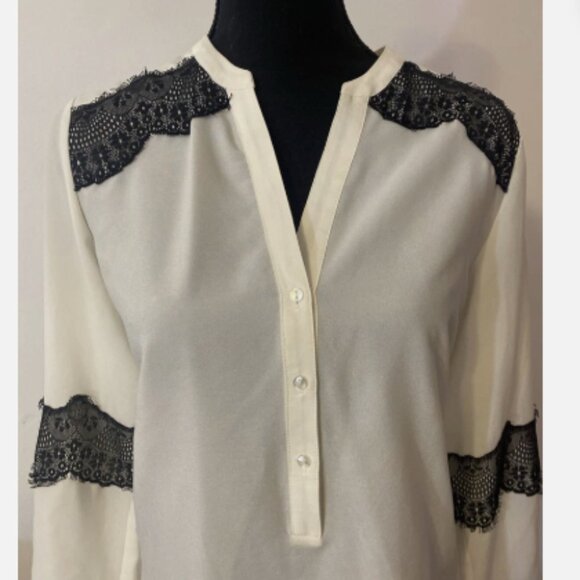 Womans White Button Down Blouse,Black Embroidered Lace Accents, Button Wrist - Picture 4 of 14